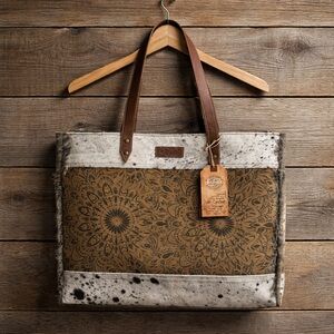 Leather-Trim Cowhide Hobo Tote in Brown and Cream